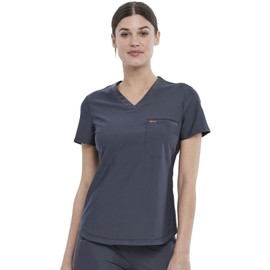 Cherokee Scrubs for Women V-Neck Top – Tuckable Contemporary Fit Top, Stretch Knit, Moisture-Wicking, Shirttail Hem CK819, S, Pewter