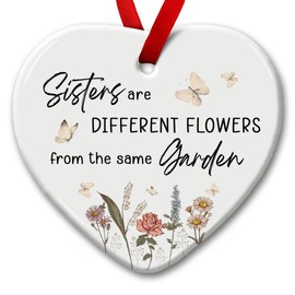 Kilyhome Sisters Gift Ceramic Christmas Ornaments, Heart Ornament, Floral Sister Gifts from Sister Women, Sister in Law, Soul Sister, Sisterhood