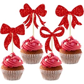 Gyufise 36Pcs Bow Cupcake Toppers Glitter Bowknot Cupcake Picks Bow Tie Birthday Decorations Princess Bow Cupcake Decorations for Bowknot Theme Baby Shower Birthday Party Supplies Red