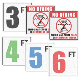 6x6 inch Swimming No Diving Shallow Water Pool Warning Stickers 3 FT 4FT 5FT 6FT Pool Depth Number Markers Sign Labels Non-Slip Adhesive Pool Safety Marker Decor