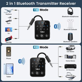 1Mii Bluetooth 5.3 Transmitter Receiver 2-in-1, aptX Adaptive & Low Latency Wireless Audio Adapter for Airplane, Dual Link 2 Devices, 25H Playtime, 3.5mm AUX for TV/Car/Home Stereo/Gym