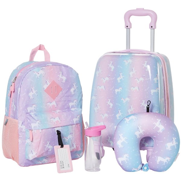 RALME 5 pc Girls Unicorn Rolling Suitcase Set with Backpack, Neck Pillow, Water Bottle, and Luggage Tag