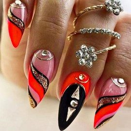 Orange Black Press on Nails Medium Almond Shape with Sparkly Curve Line Design, Glossy Gold Glitter Acrylic False Nails Stick on Nails for Women Girls, Rhinestones Fake Nails Gel Glue on Nails Y2k