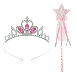 Princess Tiara and Wand Set, Kids Crystal Crown Fairy Wand Princess Dress up Hair Jewellery Girls Hair Accessories Birthday Tiara Gift for Girls 3-12 Years
