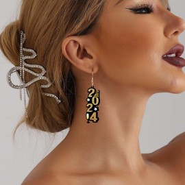 Wendalern 2024 Number Dangle Earrings Cute 2024 Digital New Year Earrings Faux Leather Number Drop Earrings Vintage Geometric Rectangle Hook Earrings Jewellery for Women and Girls, Faux Leather, No