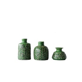 Creative Co-Op Green Embossed Stoneware Vases (Set of 3 Sizes)