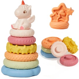 BUTI4WLD 8 Piece Stacking & Nesting Baby Toys, No Hole Stacks of Circles Soft Teething Toy and Building Circle with Pink Horse Figure, Newborn Essentials for 6 12 18 Months Boys Girls