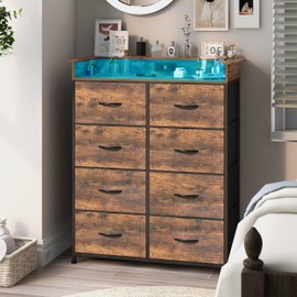 Welfuturer Tall Dresser for Bedroom with Charge Station 8 Drawers Dresser with LED Lights Chest Organizer Units for Hallway Entryway Closets Sturdy Steel Frame Wood Top Easy Pull Handle Rustic Brown