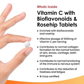 Vitamin C Tablets 1000mg - Enriched with Bioflavonoids & Rosehip - Premium Vitamin C Supplements - Vegan Tablets High Strength Ascorbic Acid VIT C for Normal Immune System UK Made