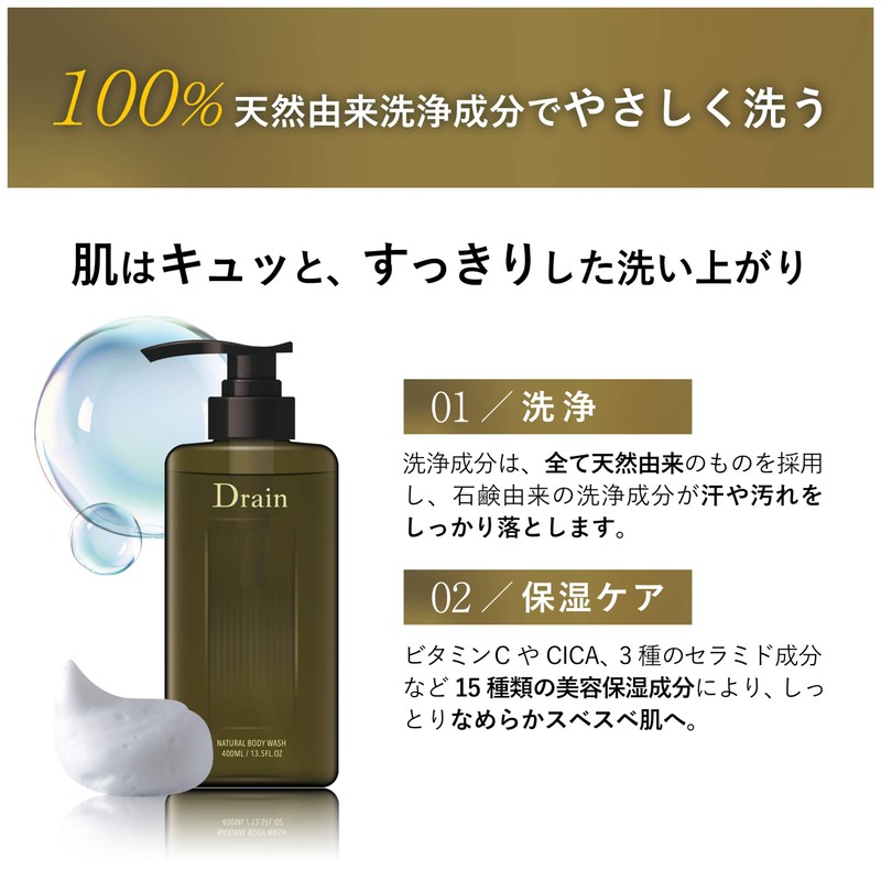 Drain Natural Body Wash, 100% Naturally Derived Cleaning Ingredients, Moisturizing,
