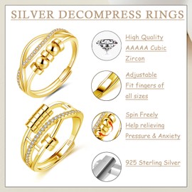 Deyanse Silver Anxiety Ring for Women, 2 Pieces 925 Sterling Silver Anti-Stress Ring Set, Anxiety Rings with Pearls Zirconia, Open Adjustable Spinner Fidget Rings, Rotating Decompression Ring for
