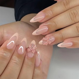 French Tip Press on Nails Almond Medium Fake Nails with 3D Bow-knot Designs Cute Fall Winter Nail Art Decorations Glossy Full Cover Glue on Nails Almond Stick on Nails for Women Girls DIY Manicure