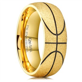 King Will Vintage Stainless Steel Men's Basketball Ring, 8mm Arc Design with Etched Basketball Pattern, Aged Gold Finish with Black Grooves, Size 9