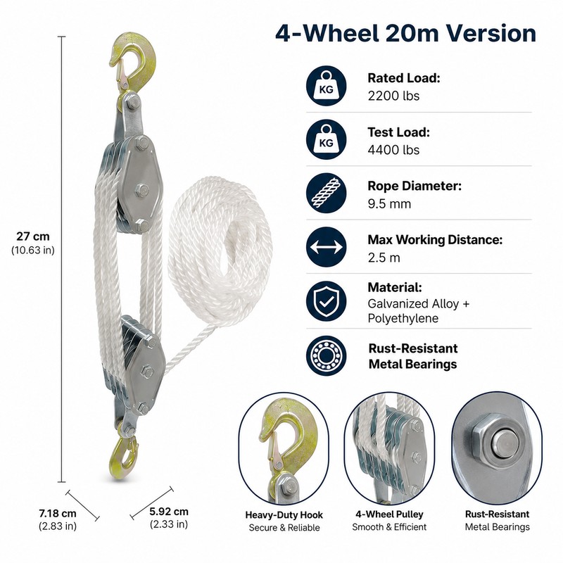 Manual Rope Pulley Hoist for Equipment Lifting – 270° Rotating