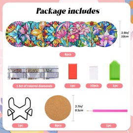 FILASLFT Diamond Painting Coasters Kit With Holder, DIY Diamond Art Kit, 8 Pcs Glass Flower Coasters for Adult Crafts and Gifts