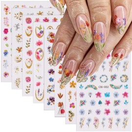 8 Sheets Colorful Flower Nail Art Stickers Decals 3D Spring Nail Supplies Gold Nail Stickers Decals Self-Adhesive Floral Leaf Nails Accessories Summer Design Stickers for Women Nails Decorations