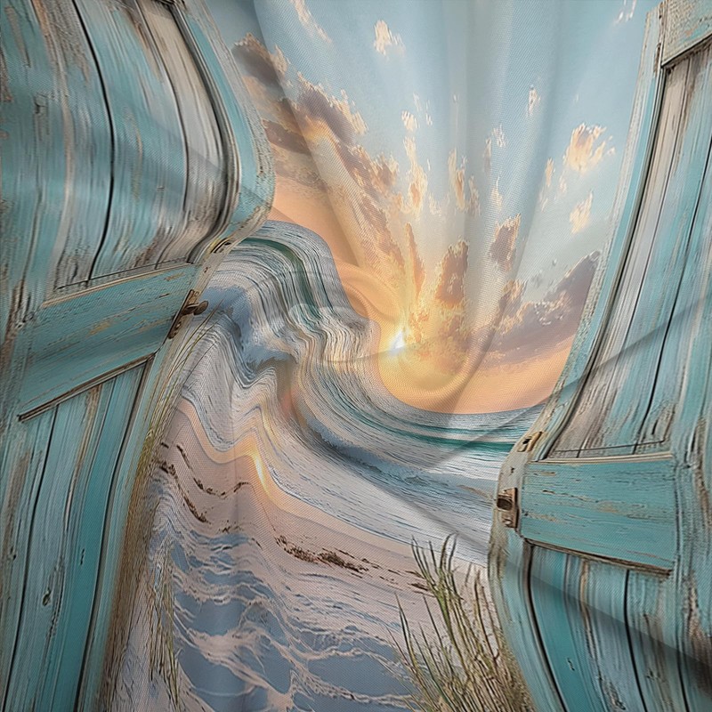 Ocean Beach Teal Barn Door Shower Curtain Hawaiian Sunset Scenery