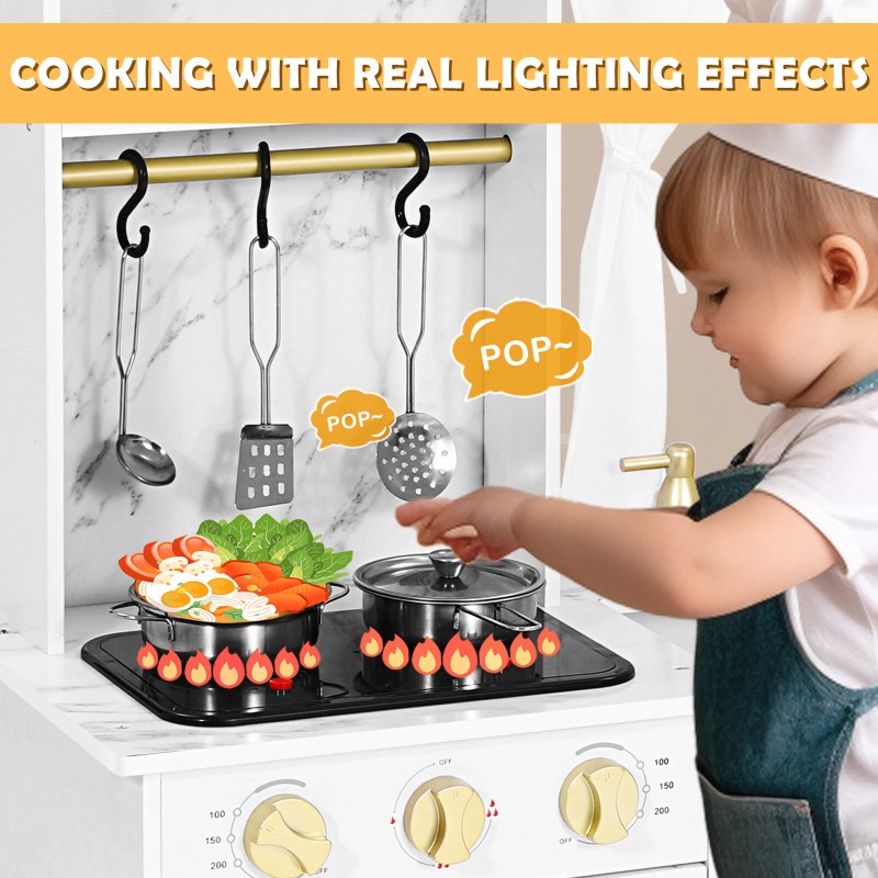 JOYLDIAS Wooden Kitchen Pretend Playset Kids Cooking Toys Toddler Gift