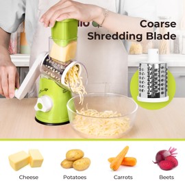 X Home Rotary Cheese Grater for Kitchen, Shredder with 3 Interchangeable Blades, Rotary Grater with Handle and Strong Suction Base, for Vegetables, Fruit, Nuts, Easy to Use and Clean, Green