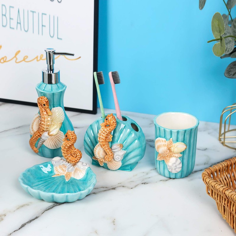 FORLONG Ceramic Bathroom Accessories Set, 4 Piece 3D Floating Seahorse