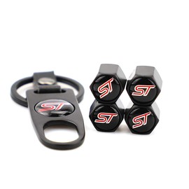 XDG 4Pcs ST Logo Zinc Alloy Chrome Dustproof Car Tire Valve Stem Airtight Caps Covers and 1Pcs Wrench Keychain Combo Set for ST Styling Decoration Accessories(Tires Parts Valve Stems Caps) (Black)