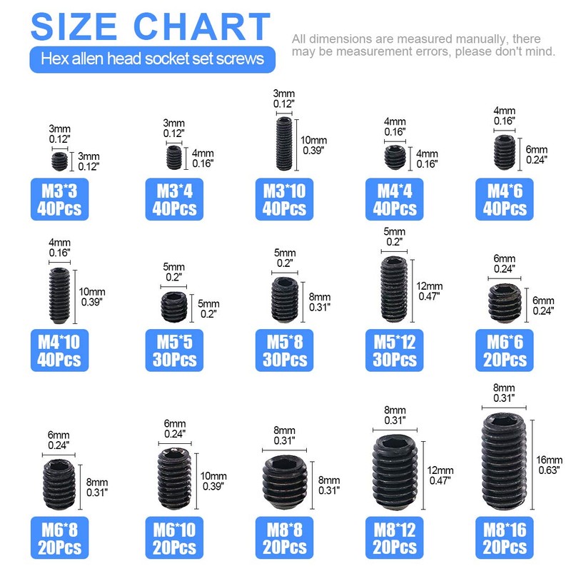 Glarks 450Pcs M3/M4/M5/M6/M8 Allen Head Socket Set Screw, 12.9 Class