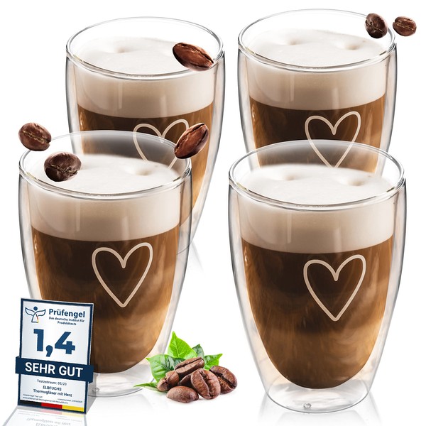 ElbFuchs® Double-Walled Latte Macchiato Glasses Set (4 x 350 ml) Crystal Clear Thermal Glasses Double Walled Ideal as Cappuccino Glasses Coffee Glasses Tea Glasses