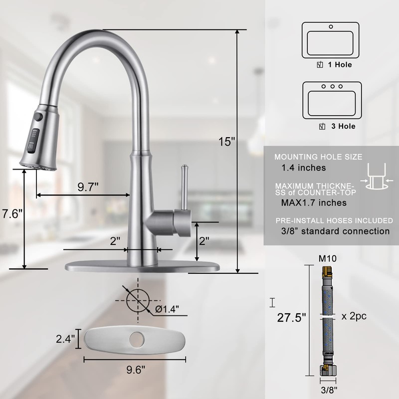 WOWOW Kitchen Faucet with Pull Down Sprayer, Stainless Steel Brushed