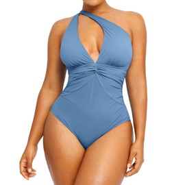 SHAPELLX One Piece Swimsuit Women Tummy Control Bathing Suit Full Coverage Slimming Swimwear Ruched Swim Suit Blue