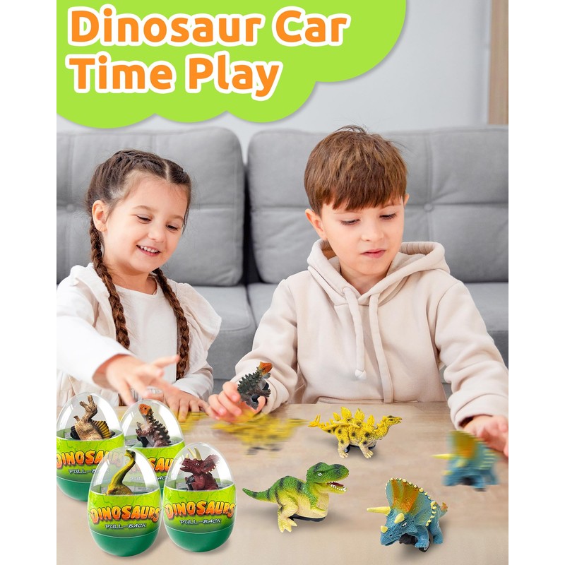 Greingways 4 Pack Dinosaur Pull Back Cars Prefilled Plastic Easter