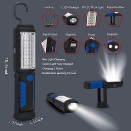 HEDAQI Rechargeable Work Light Portable LED Multi-use Magnetic Flashlight with Hanging Hook, Waterproof Work Flashlight for Car Repair Household Blackout and Emergency(Blue)