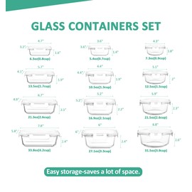 KOMUEE 24 Pieces Glass Food Storage Containers Set,Glass Meal Prep Containers-Stackable Airtight Glass Storage Containers with lids,Freezer, Microwave, Oven Safe,White