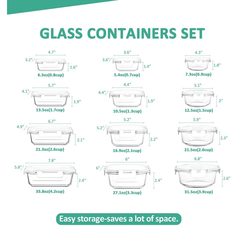 KOMUEE 24 Pieces Glass Food Storage Containers Set,Glass Meal Prep