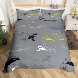 Shark Bedding Set Cartoon Shark Duvet Cover for Kids Boys Girls Shark Illustration Comforter Cover Animal Bedspread Cover Grey Duvet Cover Single Size