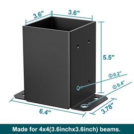 SPACEEUP 4x4 Post Base 2 Pcs, Inner Size 3.6"x3.6" Deck Post Base, Heavy Duty Powder-Coated Post Anchor Black Wood Post Brackets for Decking Porch Railing Support
