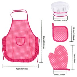 Chef Set for Kids, Adjustable Cooking Apron for Toddler, Children Kitchen Baking with Child Chef Hat, Kids Cooking Mitt, Heat Resistant Mat for Boys Girls Age 3-8 Years Old (Rose Red)