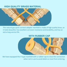 3/8" Y Splitter, Natural Gas Quick Connect or Disconnect Fittings Adapter for Low Pressure Natural Gas or Propane, Suitable for Natural Gas Grill, RV, Pizza Ovens, Generators, Patio Fire Pit