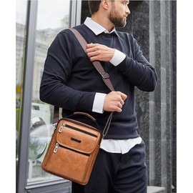 Zipper Buckle Leather Messenger Bag Crossbody Shoulder Bag Vintage Handle Bags (B-Light brown)