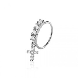 Pierced Owl 20GA 316L Stainless Steel CZ Crystal Lined Hoop with Dangling Cross Charm Bendable Nose Ring (Silver Tone)