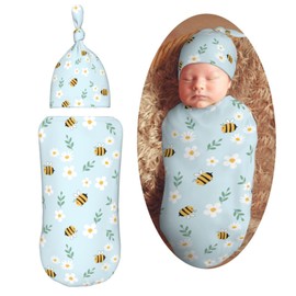 Muishi Daisy Flower Cartoon Bee Newborn Swaddle Blankets Hat Sets Soft Baby Receiving Blanket Swaddle Sack for Baby Shower Infant Boy Girl Gift
