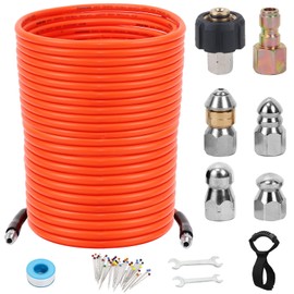 150FT Sewer Jetter Kit for Pressure Washer, 5800 PSI Water Jet Drain Cleaner Hose With Corner Rotating Button Nose Nozzle 1/4 Inch NPT, Jetting Nozzles Kit With Spanner Handle Strap