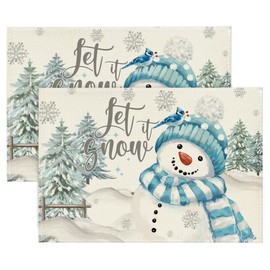 Artoid Mode Xmas Trees Let It Snow Blue Snowman Christmas Placemats Set of 2, 12x18 Inch Winter Table Mats for Party Kitchen Dining Decoration