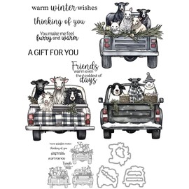 YIXUAN 2023 Winter Cute Animals in The Truck Clear Stamp and Metal Cutting Dies Set with Package Envelope Box for Card Making DIY Scrapbooking Supplies Silicone Stamps Knife Mold for Albums Crafts