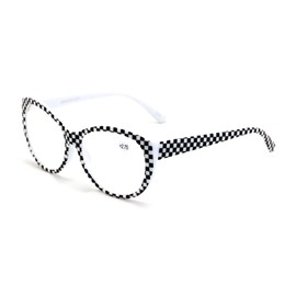 Oversize Women Reading glasses - Magnified Readers Cateye Vintage Jackie Oval - Clear lens (Checker, 3.00)