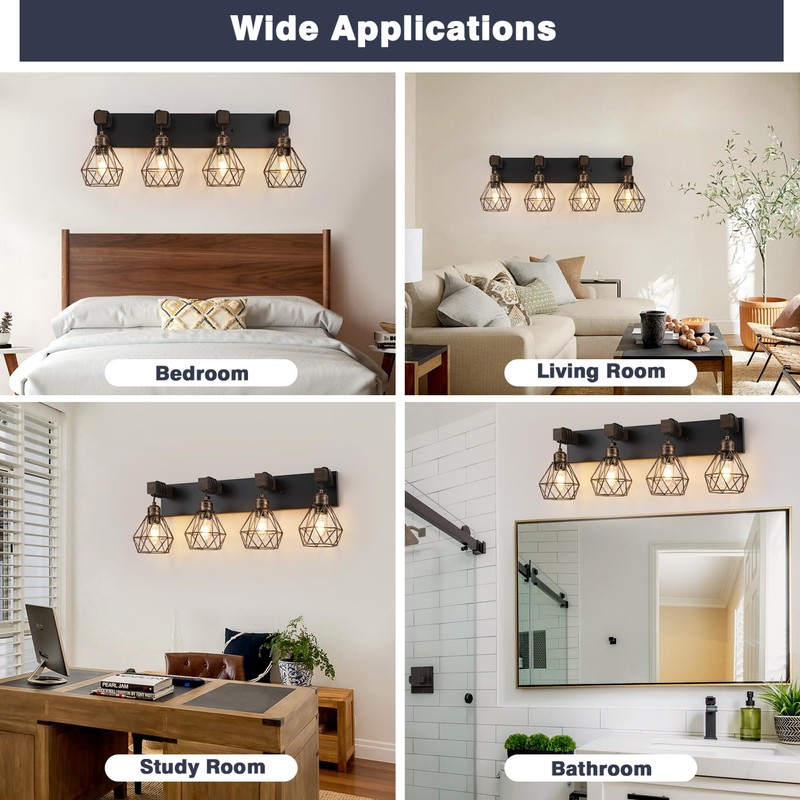 Farmhouse Bathroom Vanity Light Fixtures, 4-Light Black Gold Bathroom Light