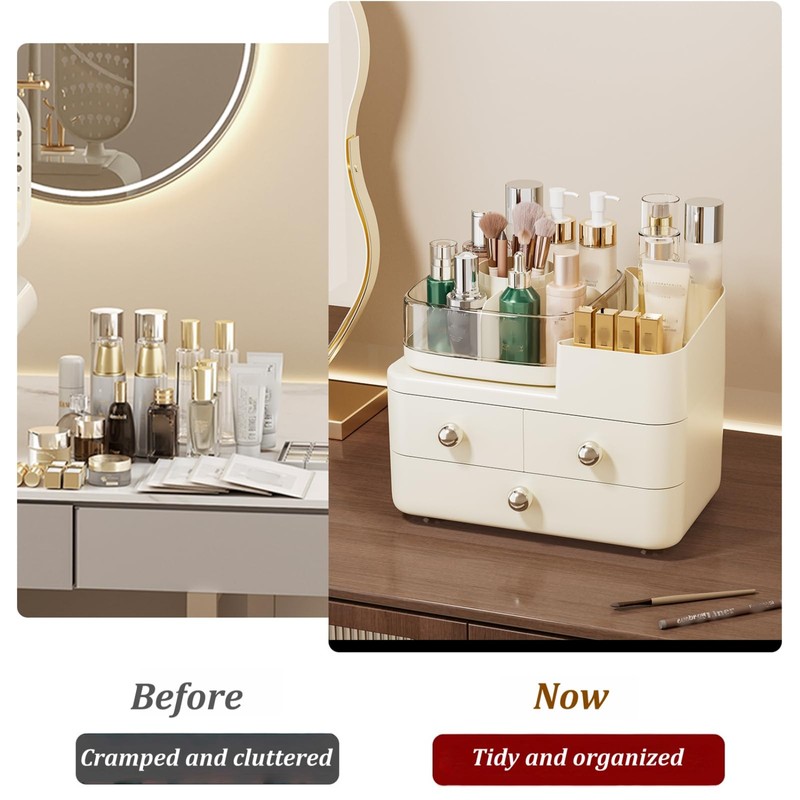 Makeup Organizer with Drawers and 360° Rotating Brush Holder,make up