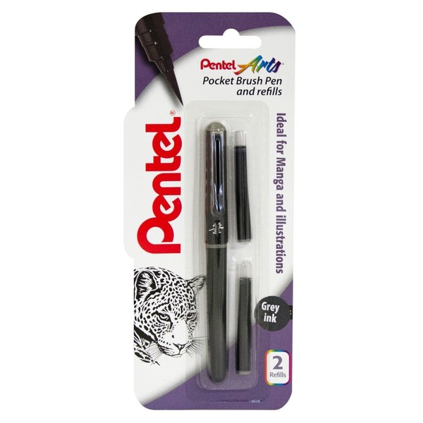 Pentel XGFKP/FP10-SP Brush Pen and Two Refills, Grey Ink