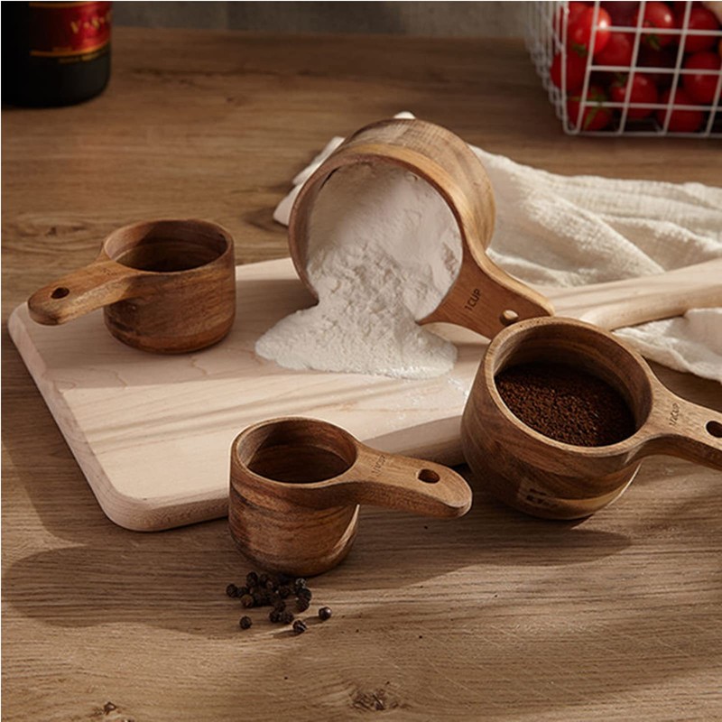 Lyellfe Set of 4 Acacia Wood Measuring Cups, Stackable Kitchen