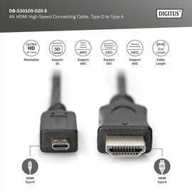 DIGITUS HDMI High Speed Connection Cable, Type D - A M/M - 2.0m - with Ethernet Channel - Ultra HD 4k/30Hz - Compatible with TV/Projector/Monitor - Gold-Plated Contacts - Black