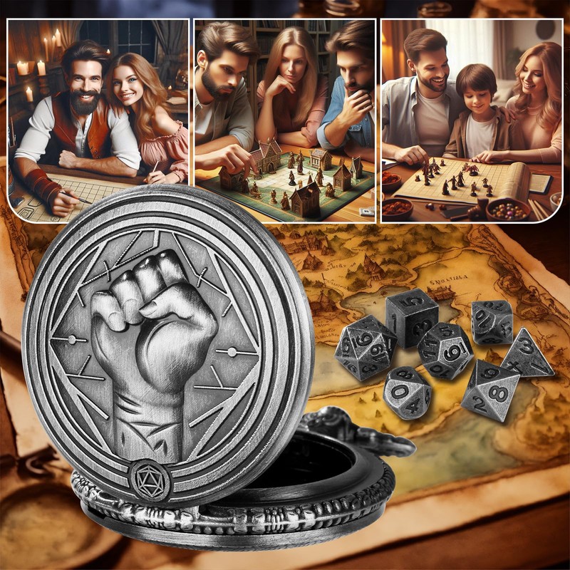 Mini DND Dice Set with Steampunk Monk (Fist) Pocket Watch
